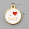 Picture of Zinc Based Alloy Pet Memorial Charms Round Disc Gold Plated White Heart Message " I Love Dogs " Enamel 18mm x 14mm, 5 PCs