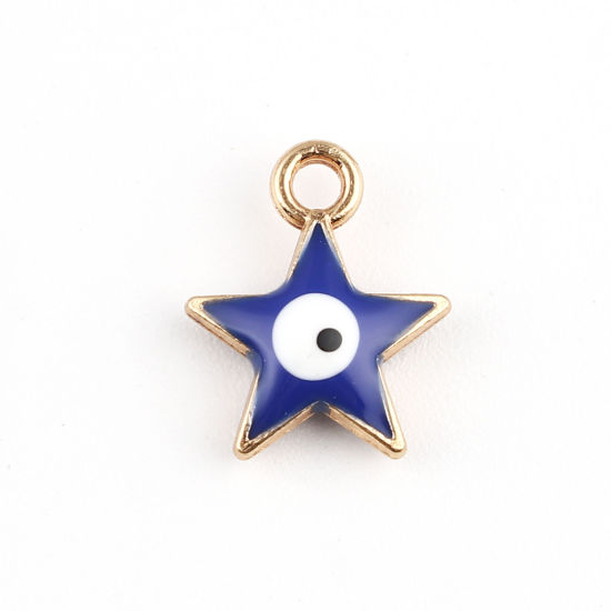 Immagine di Lega di Zinco Galassia Charms Stella Oro Placcato Blu Scuro Malocchio Smalto 14mm x 11mm , 10 Pz