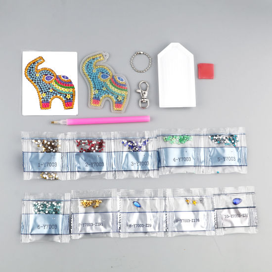 Picture of Acrylic Embroidery DIY Kit Diamond Painting Rhinestone Keychain & Keyring Accessories Multicolor Elephant Animal 1 Set