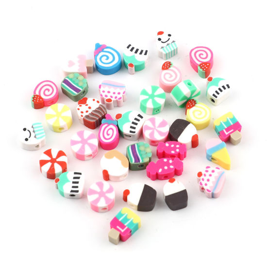 Image de Perles en Pâte Polymère Bonbon Couleur au Hasard Rond 9mm Dia, 12mm x 9mm, Taille de Trou: 2.9mm, 100 Pcs