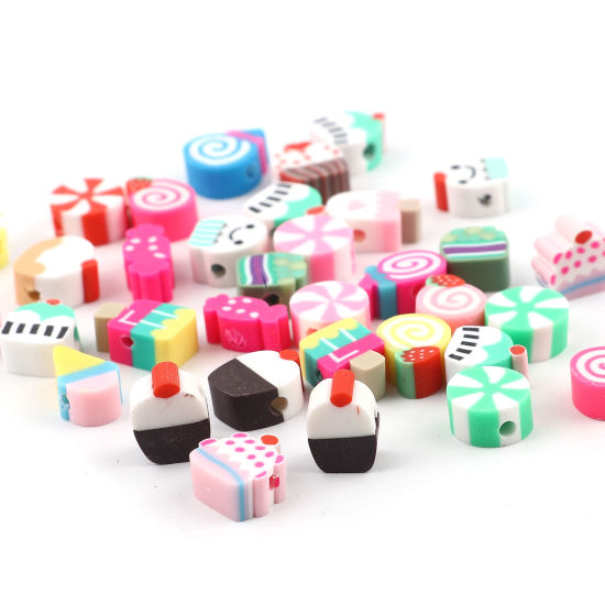 Image de Perles en Pâte Polymère Bonbon Couleur au Hasard Rond 9mm Dia, 12mm x 9mm, Taille de Trou: 2.9mm, 100 Pcs
