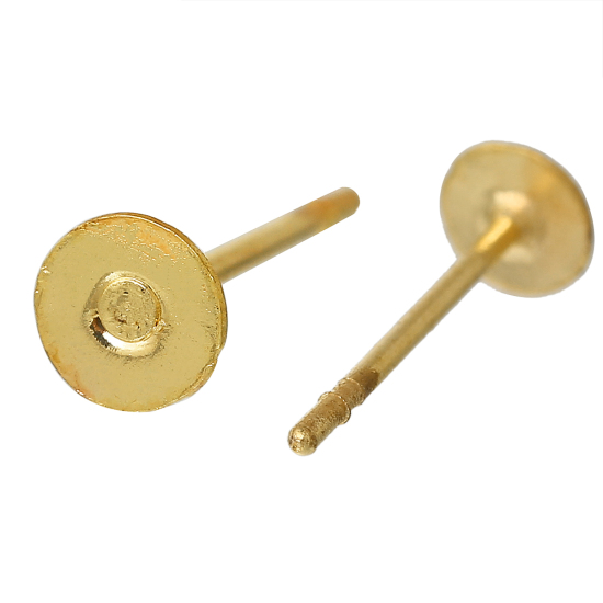 Image de Boucles d'Oreilles Puces en Laiton avec Embouts Forme Rond Doré (Cabochon Rapportable 4mm) 12mm x 4mm, Epaisseur de Fil: (21 gauge), 500 Pcs