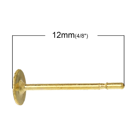Image de Boucles d'Oreilles Puces en Laiton avec Embouts Forme Rond Doré (Cabochon Rapportable 4mm) 12mm x 4mm, Epaisseur de Fil: (21 gauge), 500 Pcs