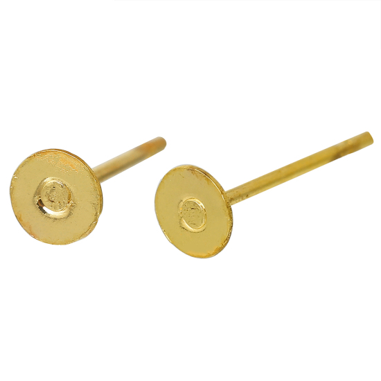Image de Boucles d'Oreilles Puces en Laiton avec Embouts Forme Rond Doré (Cabochon Rapportable 4mm) 12mm x 4mm, Epaisseur de Fil: (21 gauge), 500 Pcs