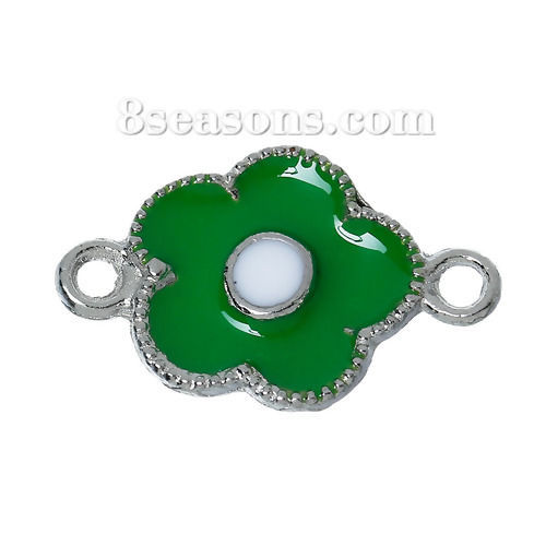 Image de Connecteurs de Bijoux en Alliage de Zinc Forme Fleur Vert Argent Mat Email 20mm x 13mm, 10 Pcs