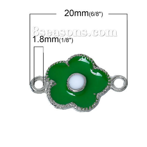 Image de Connecteurs de Bijoux en Alliage de Zinc Forme Fleur Vert Argent Mat Email 20mm x 13mm, 10 Pcs