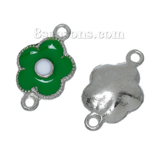 Image de Connecteurs de Bijoux en Alliage de Zinc Forme Fleur Vert Argent Mat Email 20mm x 13mm, 10 Pcs