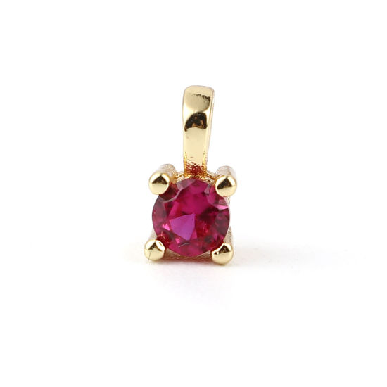 Imagen de Latón Colgantes Charms Chapado en Oro Cuadrado Fucsia Rhinestone 8mm x 5mm, 2 Unidades