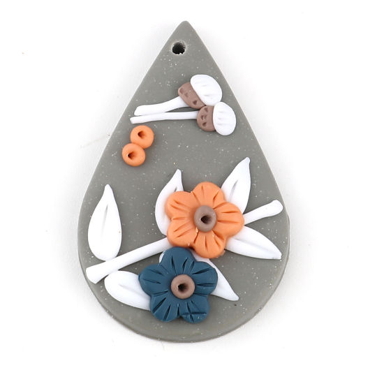 粘土 ペンダント 滴 ドロップ 多色 花 40mm x 26mm、 2 個 の画像