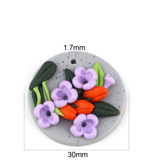 粘土 ペンダント 円形 紫 花 30mm 直径、 2 個 の画像