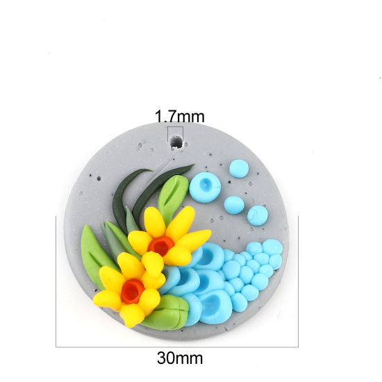 粘土 ペンダント 円形 黄+青 花 30mm 直径、 2 個 の画像
