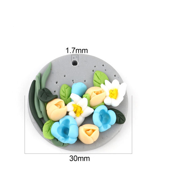粘土 ペンダント 円形 多色 花 30mm 直径、 2 個 の画像