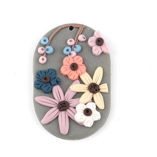 粘土 ペンダント 楕円形 多色 花 45mm x 29mm、 2 個 の画像