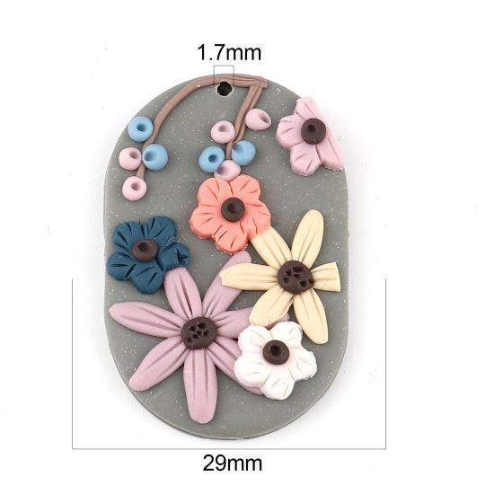 粘土 ペンダント 楕円形 多色 花 45mm x 29mm、 2 個 の画像