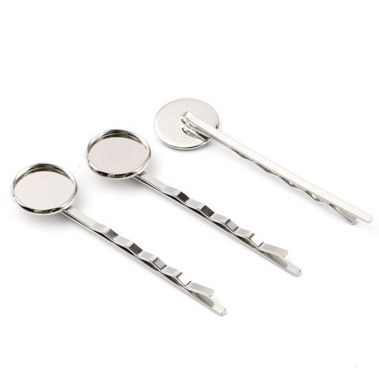 Image de Pinces à Cheveux en Laiton+Alliage de Fer Argent Mat Rond Cabochon Rapportable (Convenable à 14mm Dia) 62mm x 16mm, 10 Pcs
