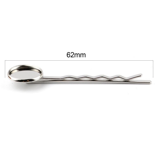 Image de Pinces à Cheveux en Laiton+Alliage de Fer Argent Mat Rond Cabochon Rapportable (Convenable à 14mm Dia) 62mm x 16mm, 10 Pcs