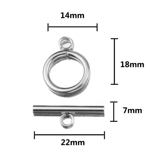 ステンレス鋼 トグルクラスプ 環状 シルバートーン25x7mm 20x15mm、 2 セット の画像