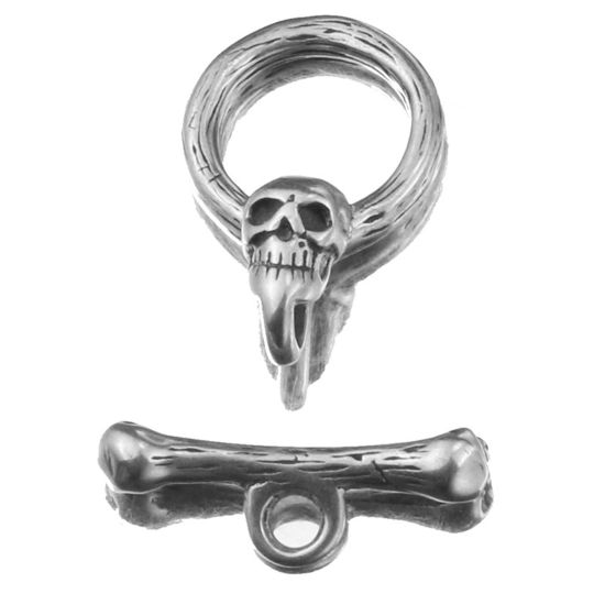 ステンレス鋼 トグルクラスプ 円形 髑髏 シルバートーン 23x15mm 23x6mm、 2 セット の画像