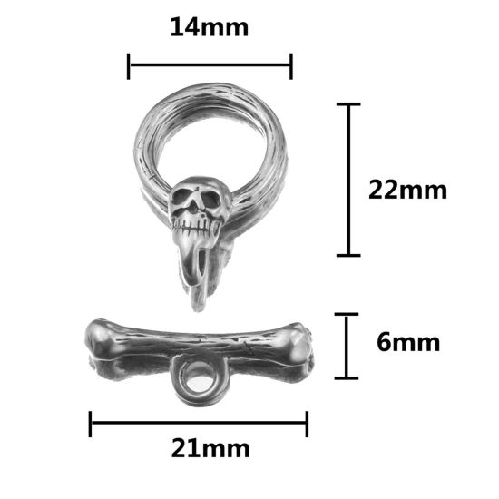 ステンレス鋼 トグルクラスプ 円形 髑髏 シルバートーン 23x15mm 23x6mm、 2 セット の画像