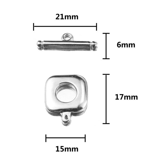 ステンレス鋼 トグルクラスプ 正方形 円形 シルバートーン21x6mm 18x15mm、 2 セット の画像