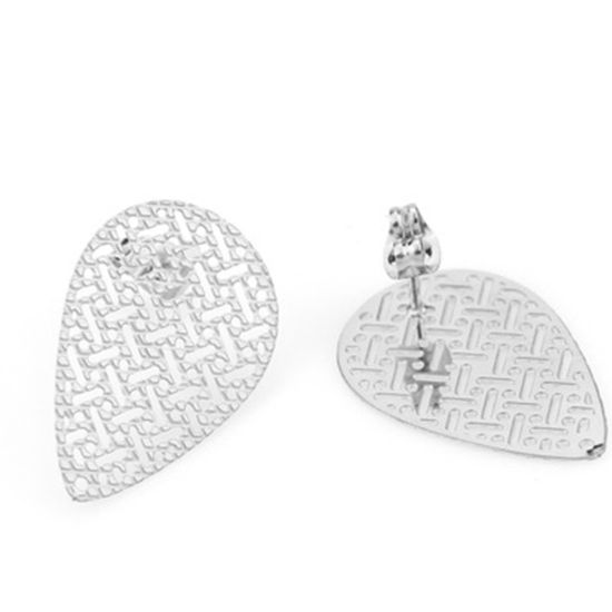 Immagine di Acciaio Inossidabile Orecchini a Perno Goccia Tono Argento Filigrana W/ Loop 26mm x 17mm, Posta / Filo Dimensione: (21 misura), 4 Pz
