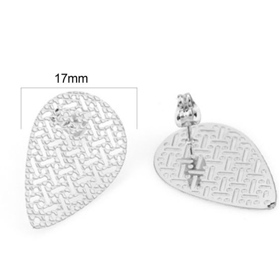 Immagine di Acciaio Inossidabile Orecchini a Perno Goccia Tono Argento Filigrana W/ Loop 26mm x 17mm, Posta / Filo Dimensione: (21 misura), 4 Pz