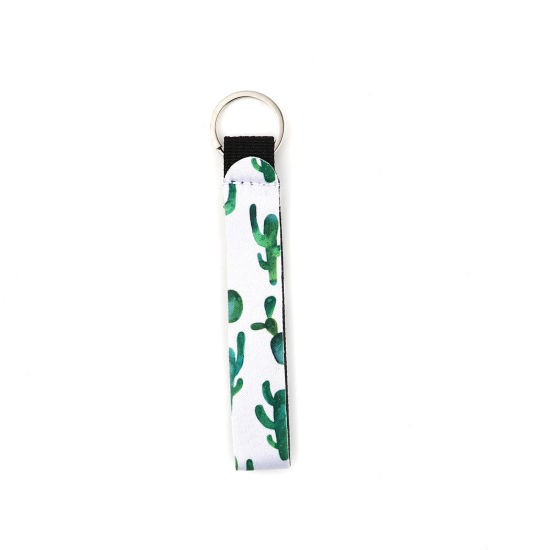 Immagine di Neoprene Anello Portachiavi Tono Argento Bianco & Verde Rettangolo Cactus 15.5cm, 2 Pz