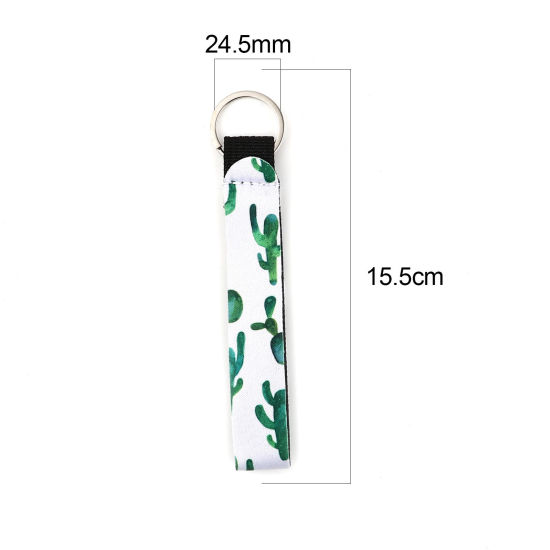 Immagine di Neoprene Anello Portachiavi Tono Argento Bianco & Verde Rettangolo Cactus 15.5cm, 2 Pz