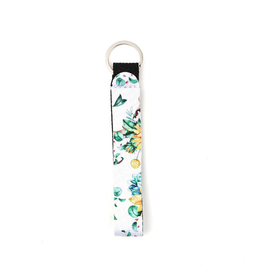 Immagine di Neoprene Anello Portachiavi Tono Argento Verde & Giallo Rettangolo Girasole 15.5cm, 2 Pz