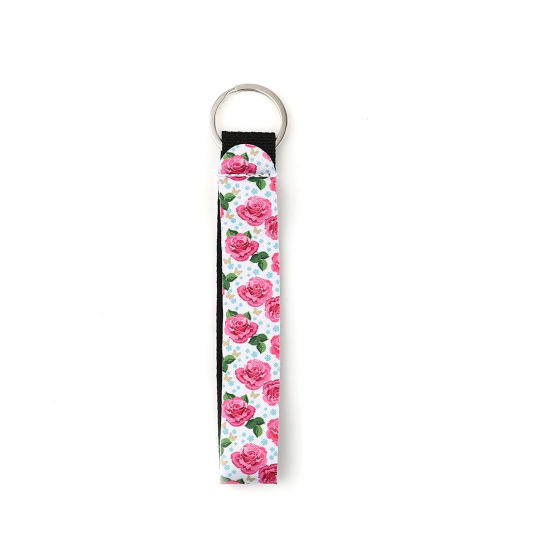Immagine di Neoprene Anello Portachiavi Tono Argento Rosa Rettangolo Fiore 15.5cm, 2 Pz