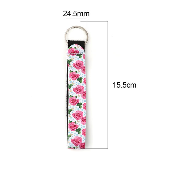 Immagine di Neoprene Anello Portachiavi Tono Argento Rosa Rettangolo Fiore 15.5cm, 2 Pz
