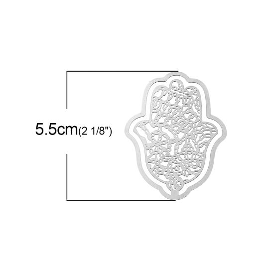 304ステンレス鋼 ハンドメイド フィリグリー  透かしパーツ  ハムサシンボル シルバートーン 55mm x 40mm、 10 個 の画像