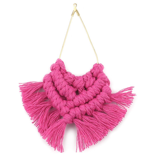 Image de Pendentifs Franges en Alliage de Zinc & Polyester Goutte d'Eau Doré Fuchsia Franges 9x7cm-8.5x6.5cm, 2 Pcs