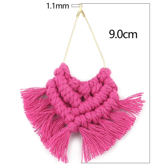 Image de Pendentifs Franges en Alliage de Zinc & Polyester Goutte d'Eau Doré Fuchsia Franges 9x7cm-8.5x6.5cm, 2 Pcs