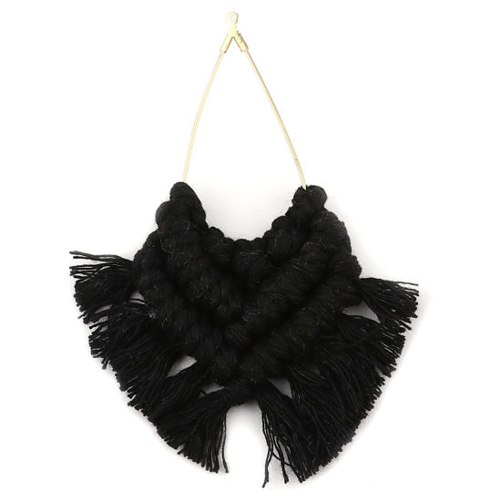 Image de Pendentifs Franges en Alliage de Zinc & Polyester Goutte d'Eau Doré Noir Franges 9x7cm-8.5x6.5cm, 2 Pcs