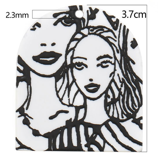 アクリル ペンダント アーチ型 黒 + 白 女の子柄 37mm x 32mm、 3 個 の画像