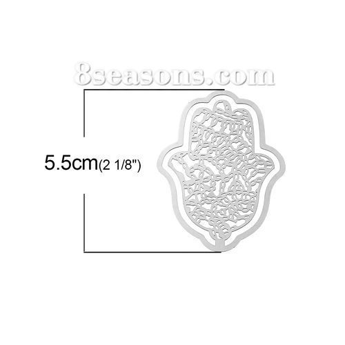 304ステンレス鋼 ハンドメイド フィリグリー  透かしパーツ  ハムサシンボル シルバートーン 55mm x 40mm、 1 個 の画像