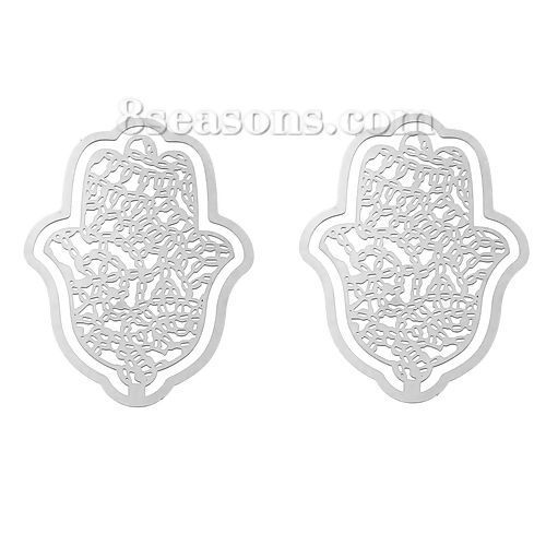 304ステンレス鋼 ハンドメイド フィリグリー  透かしパーツ  ハムサシンボル シルバートーン 55mm x 40mm、 1 個 の画像