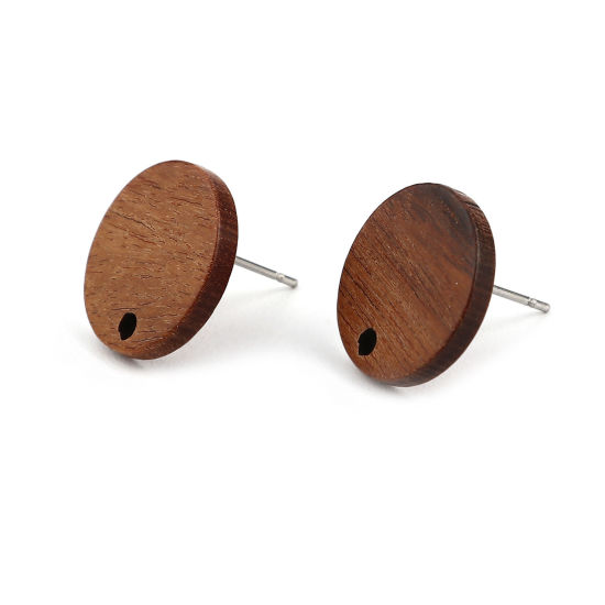 Imagen de Madera Pendientes Ronda Café Oscuro W/ Lazo 15mm Dia, Post/ Wire: (21 gauge), 10 Unidades