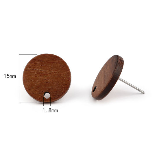 Imagen de Madera Pendientes Ronda Café Oscuro W/ Lazo 15mm Dia, Post/ Wire: (21 gauge), 10 Unidades