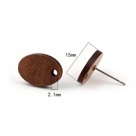 Imagen de Madera Pendientes Óvalo Café Oscuro W/ Lazo 15mm x 11mm, Post/ Wire: (21 gauge), 10 Unidades