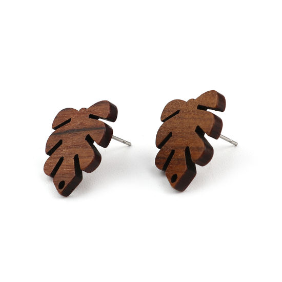 Imagen de Madera Pendientes Monstera Café Oscuro W/ Lazo 20mm x 18mm, Post/ Wire: (21 gauge), 10 Unidades