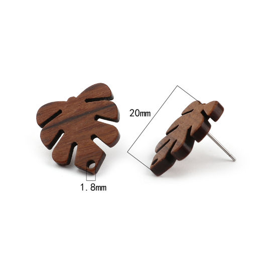 Imagen de Madera Pendientes Monstera Café Oscuro W/ Lazo 20mm x 18mm, Post/ Wire: (21 gauge), 10 Unidades