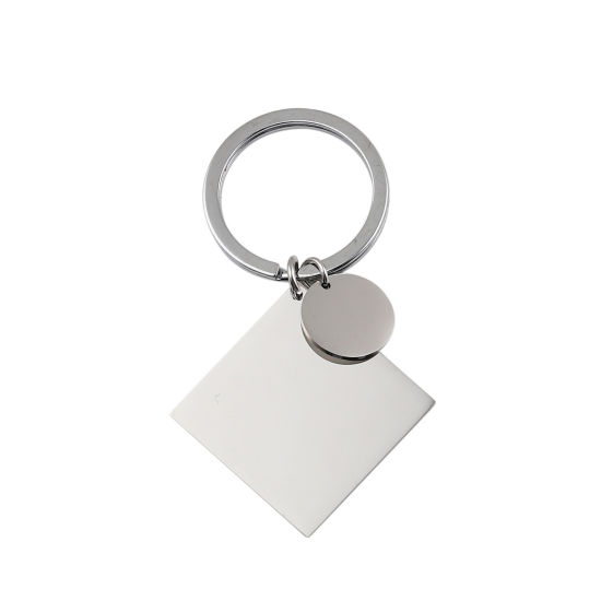 Immagine di Acciaio Inossidabile Etichette di Stampaggio Vuote Anello Portachiavi Tono Argento Rombo Tondo Lucidatura a Specchio 73mm, 1 Pz