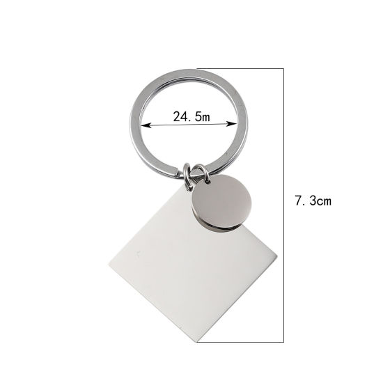 Immagine di Acciaio Inossidabile Etichette di Stampaggio Vuote Anello Portachiavi Tono Argento Rombo Tondo Lucidatura a Specchio 73mm, 1 Pz