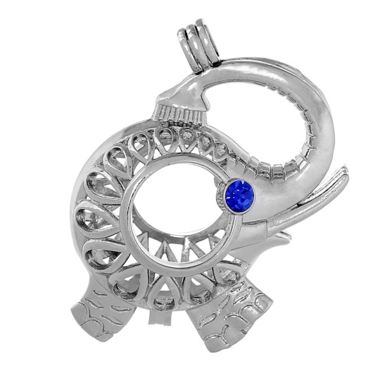 Picture of Brass Mexican Angel Caller Bola Harmony Ball Wish Box Pendants Elephant Animal Silver Tone Royal Blue Rhinestone Hollow Can Open (Fit Bead Size: 18mm) 45mm(1 6/8") x 38mm(1 4/8"), 1 Piece