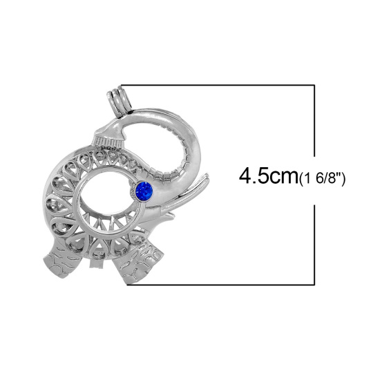 Picture of Brass Mexican Angel Caller Bola Harmony Ball Wish Box Pendants Elephant Animal Silver Tone Royal Blue Rhinestone Hollow Can Open (Fit Bead Size: 18mm) 45mm(1 6/8") x 38mm(1 4/8"), 1 Piece