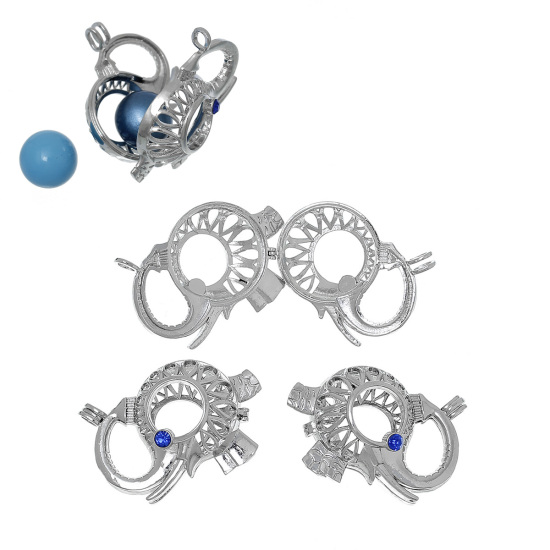 Picture of Brass Mexican Angel Caller Bola Harmony Ball Wish Box Pendants Elephant Animal Silver Tone Royal Blue Rhinestone Hollow Can Open (Fit Bead Size: 18mm) 45mm(1 6/8") x 38mm(1 4/8"), 1 Piece