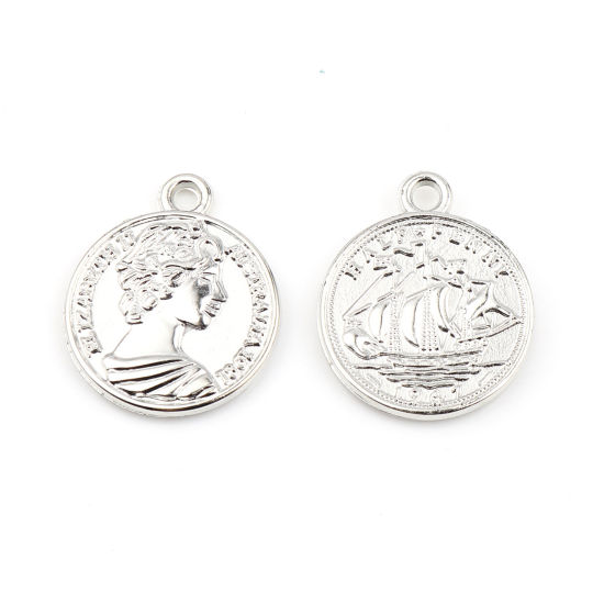 Image de Breloques en Acrylique Monnaie Portrait de Tête Argent Bateau à Voile 24mm x 20mm, 100 Pcs