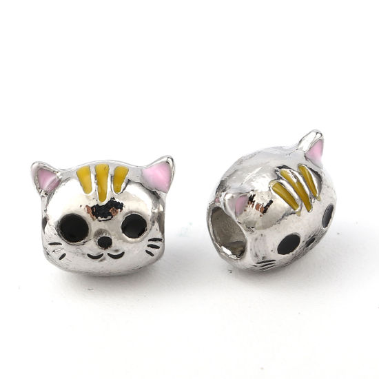 Image de Perles à Gros Trou en Alliage de Zinc Argent Mat Multicolore Chat 11mm x 9mm, Trou: Environ 4.5mm, 3 Pcs